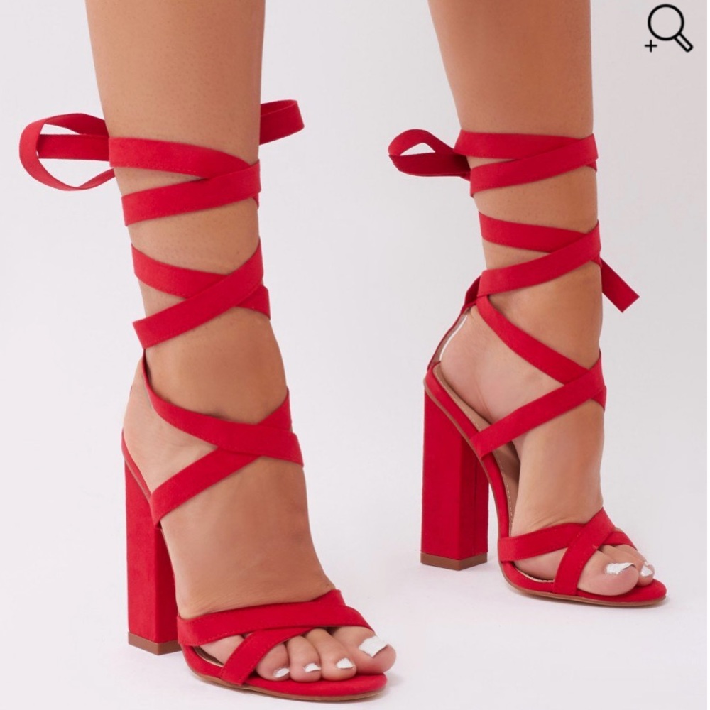 Red lace up suede heels 7